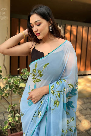 Blue Georgette Saree with Black Blouse Piece