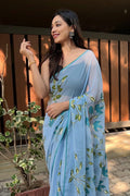 Blue Georgette Saree with Black Blouse Piece