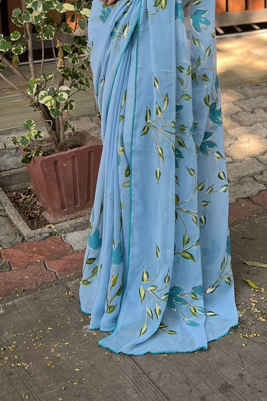 Blue Georgette Saree with Black Blouse Piece