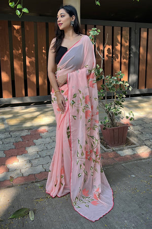Peach Georgette Saree with Black Blouse Piece