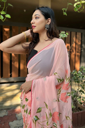 Peach Georgette Saree with Black Blouse Piece