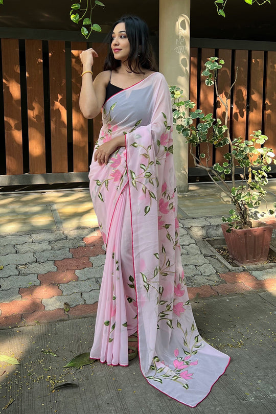 Pink Georgette Saree with Black Blouse Piece