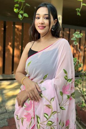 Pink Georgette Saree with Black Blouse Piece