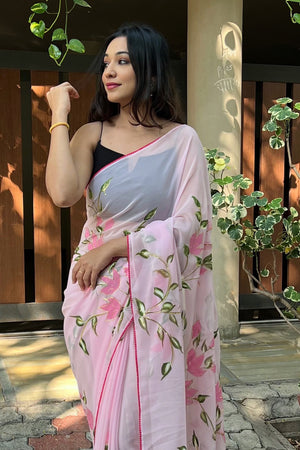 Pink Georgette Saree with Black Blouse Piece