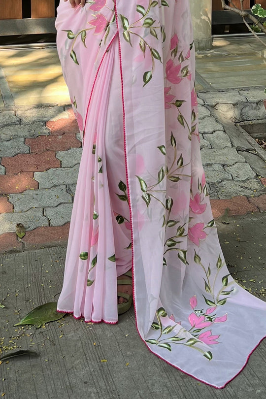 Pink Georgette Saree with Black Blouse Piece