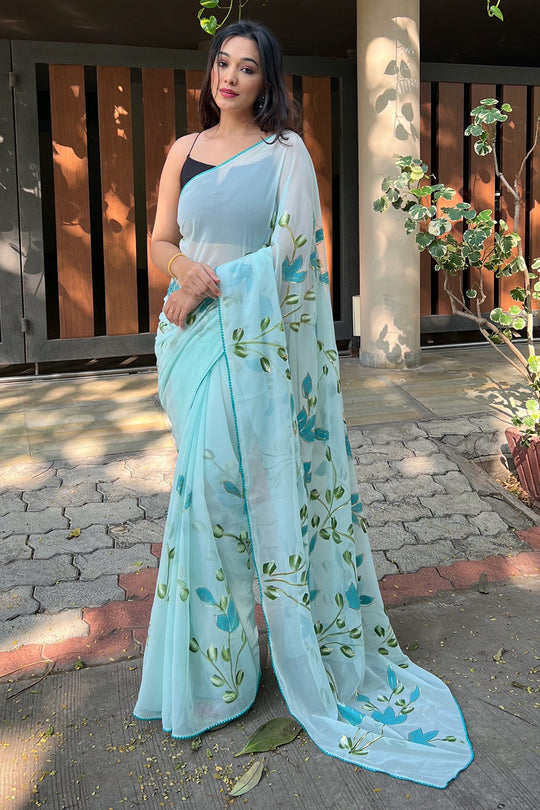 Sky Blue Georgette Saree with Black Blouse Piece