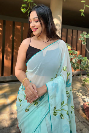 Sky Blue Georgette Saree with Black Blouse Piece