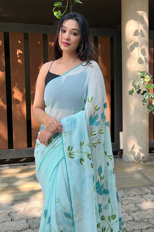 Sky Blue Georgette Saree with Black Blouse Piece
