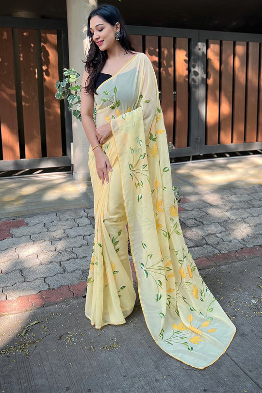 Yellow Georgette Saree with Black Blouse Piece