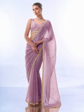 Lavender Embellished Beads And Stones Pure Chiffon Saree With Blouse Piece