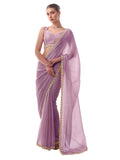 Lavender Embellished Beads And Stones Pure Chiffon Saree With Blouse Piece