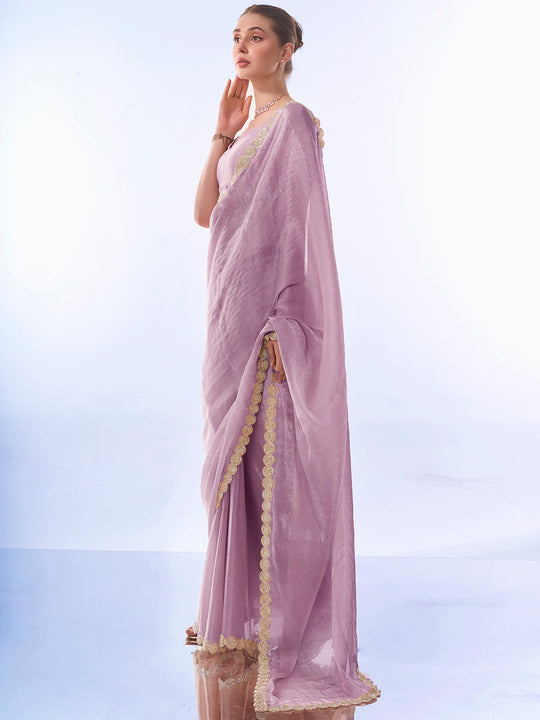 Lavender Embellished Beads And Stones Pure Chiffon Saree With Blouse Piece