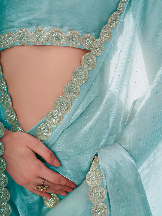 Blue Embellished Beads And Stones Pure Chiffon Saree With Blouse Piece