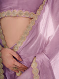 Lavender Embellished Beads And Stones Pure Chiffon Saree With Blouse Piece