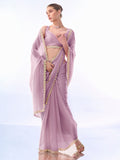 Lavender Embellished Beads And Stones Pure Chiffon Saree With Blouse Piece