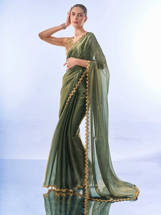 Green Sequinned Designer Sequined Lace Organza Designer Saree