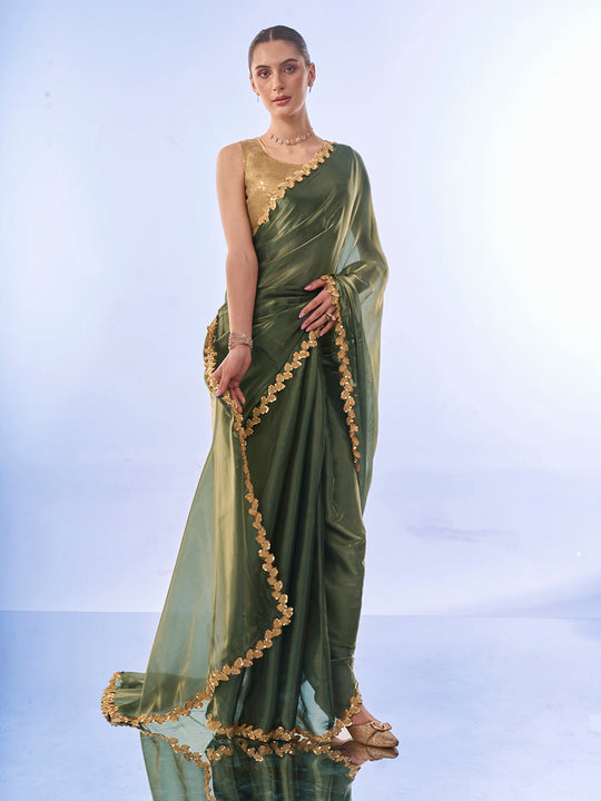 Green Sequinned Designer Sequined Lace Organza Designer Saree