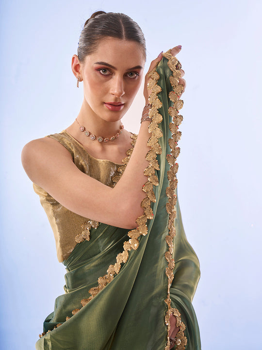 Green Sequinned Designer Sequined Lace Organza Designer Saree