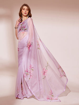 Lavender Organza Party Wear Saree With Blouse Piece