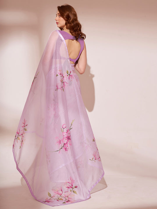 Lavender Organza Party Wear Saree With Blouse Piece