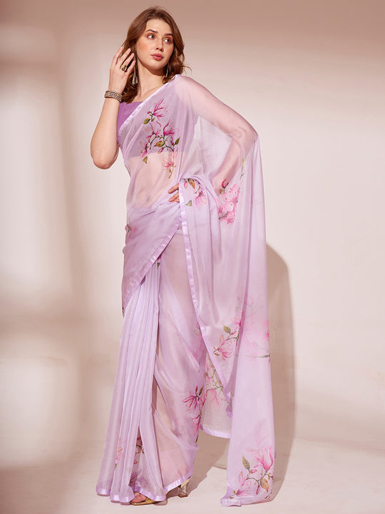 Lavender Organza Party Wear Saree With Blouse Piece