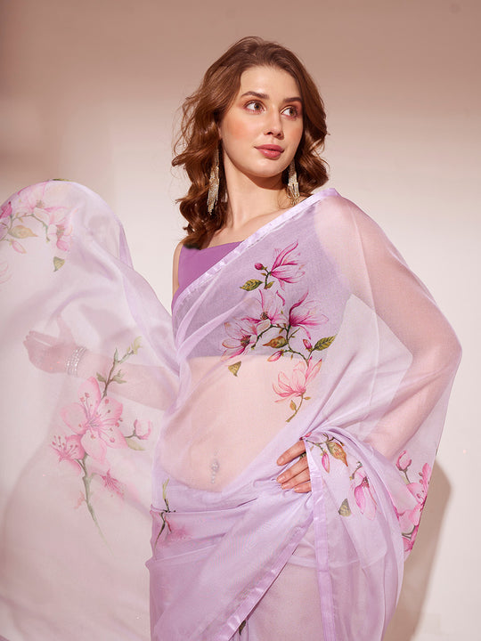 Lavender Organza Party Wear Saree With Blouse Piece