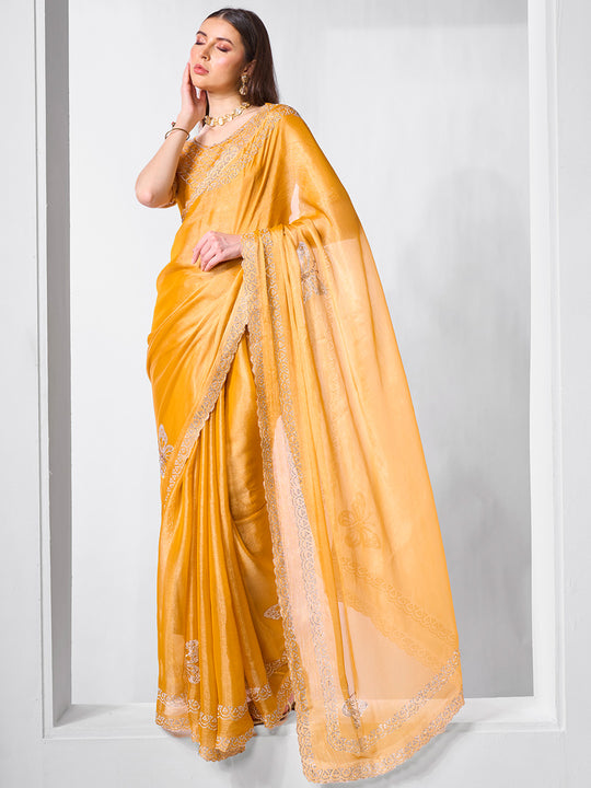 Embellished Beads and Stone Organza Saree With Blouse Piece