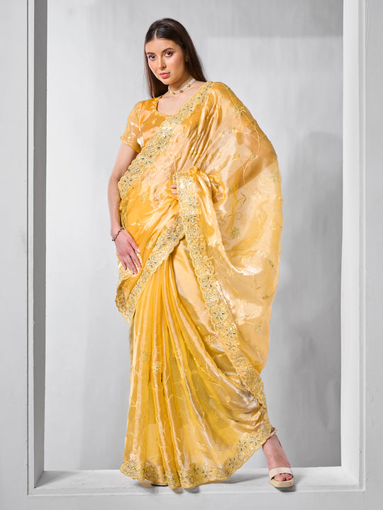 Embroidered Embellished Chiffon Saree With Blouse Piece