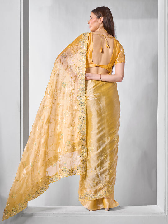 Embroidered Embellished Chiffon Saree With Blouse Piece