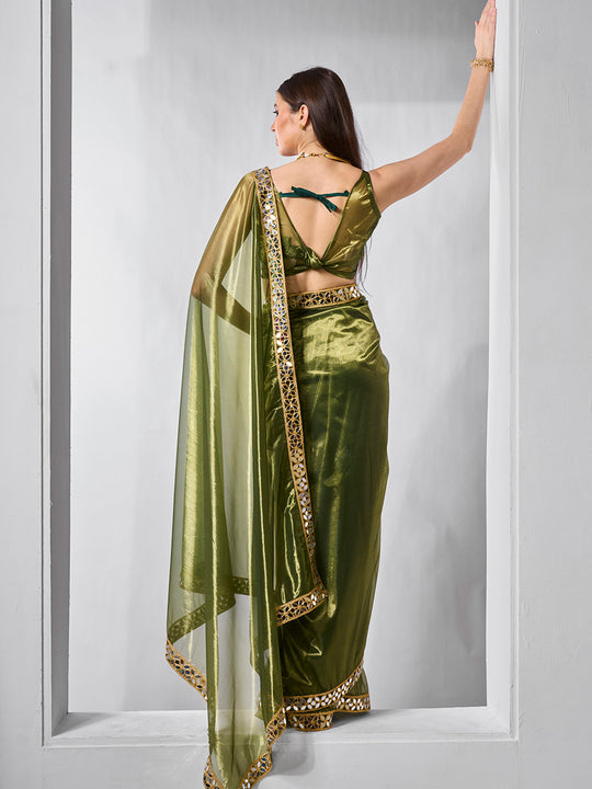 Mirror Work Lace Organza Saree With Blouse Piece