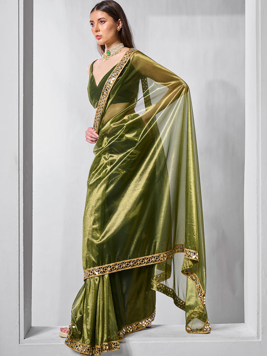 Mirror Work Lace Organza Saree With Blouse Piece