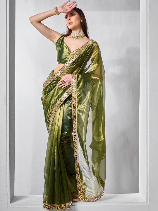 Mirror Work Lace Organza Saree With Blouse Piece