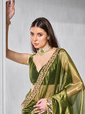 Mirror Work Lace Organza Saree With Blouse Piece