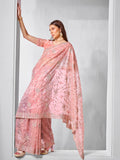Embroidered Embellished Peach Organza Saree With Blouse Piece