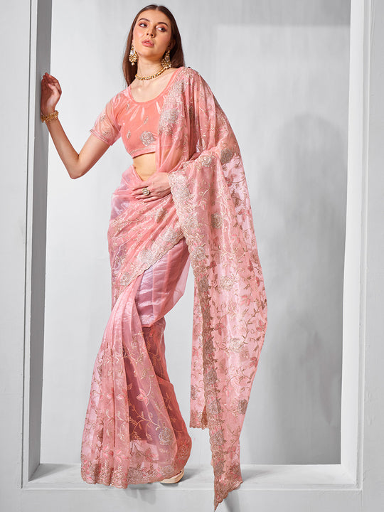 Embroidered Embellished Peach Organza Saree With Blouse Piece