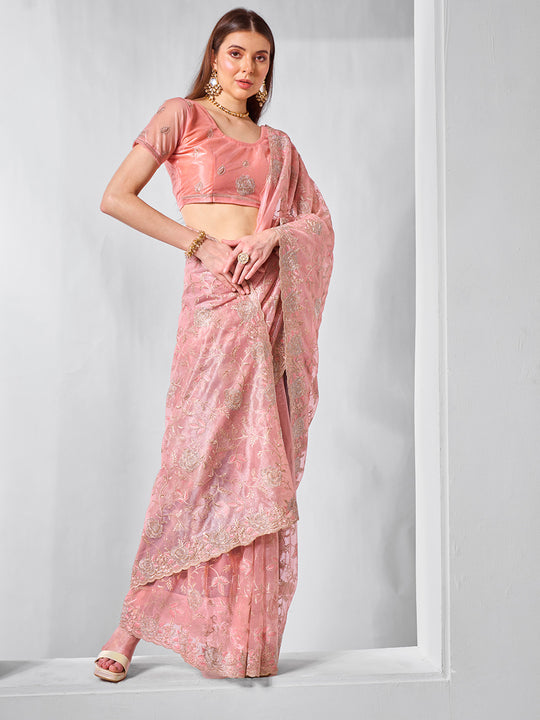 Embroidered Embellished Peach Organza Saree With Blouse Piece