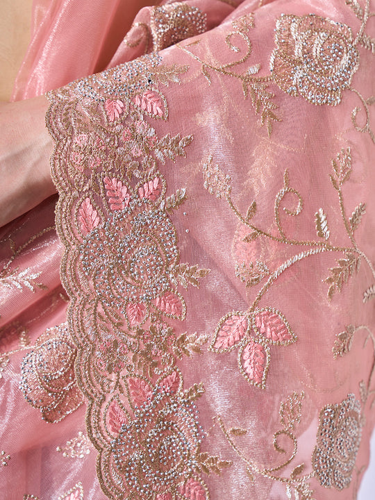 Embroidered Embellished Peach Organza Saree With Blouse Piece