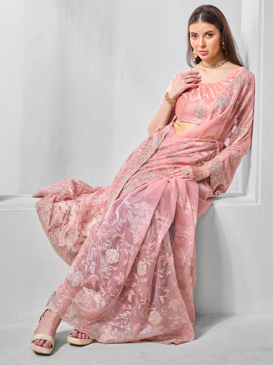 Embroidered Embellished Peach Organza Saree With Blouse Piece