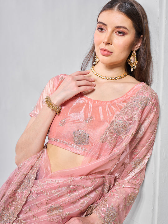 Embroidered Embellished Peach Organza Saree With Blouse Piece