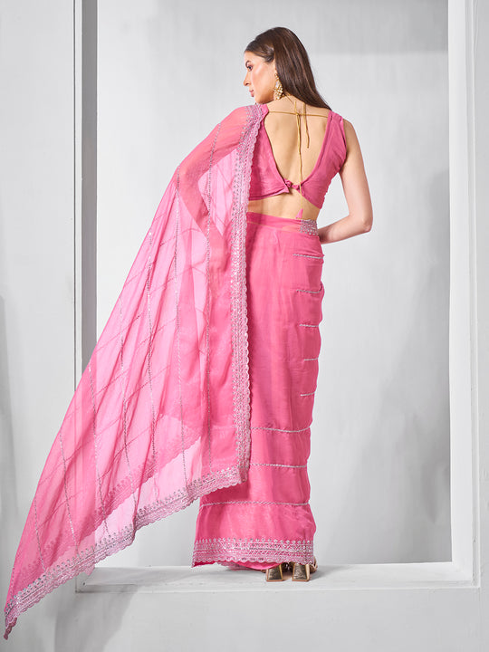 Embroidered Embellished Chiffon Saree With Blouse Piece
