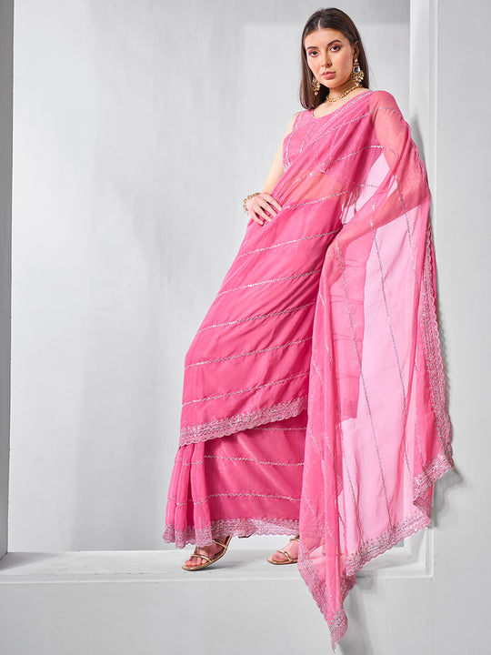 Embroidered Embellished Chiffon Saree With Blouse Piece