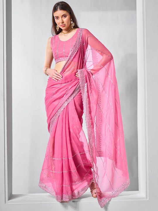 Embroidered Embellished Chiffon Saree With Blouse Piece