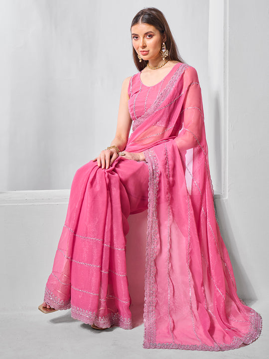 Embroidered Embellished Chiffon Saree With Blouse Piece