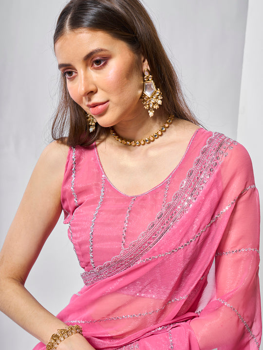 Embroidered Embellished Chiffon Saree With Blouse Piece