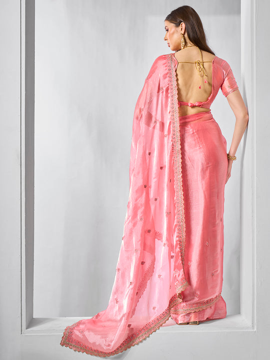 Embroidered Embellished Peach Organza Saree With Blouse Piece