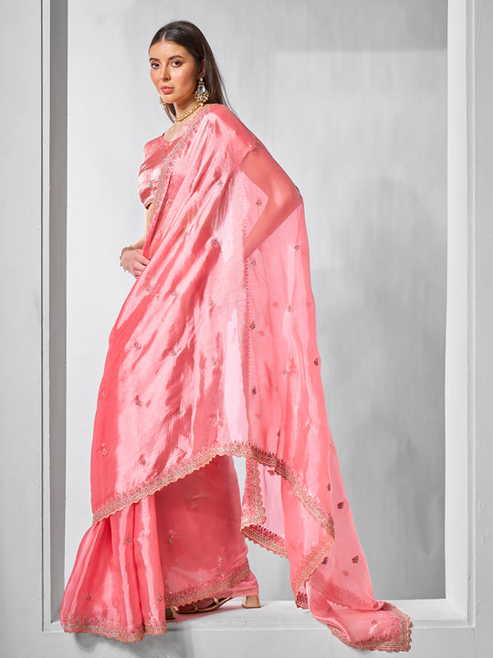 Embroidered Embellished Peach Organza Saree With Blouse Piece