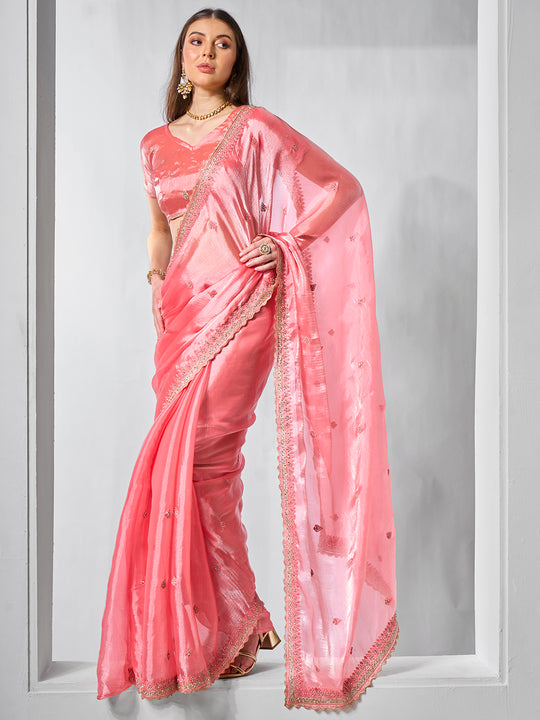 Embroidered Embellished Peach Organza Saree With Blouse Piece