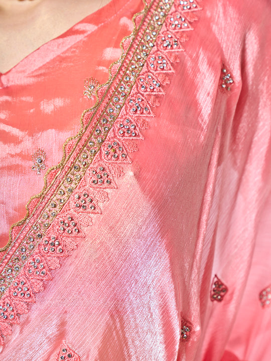 Embroidered Embellished Peach Organza Saree With Blouse Piece