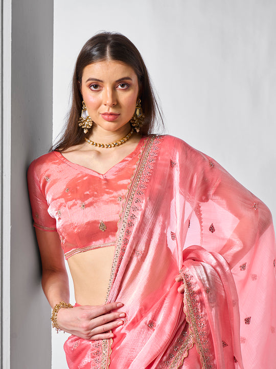 Embroidered Embellished Peach Organza Saree With Blouse Piece