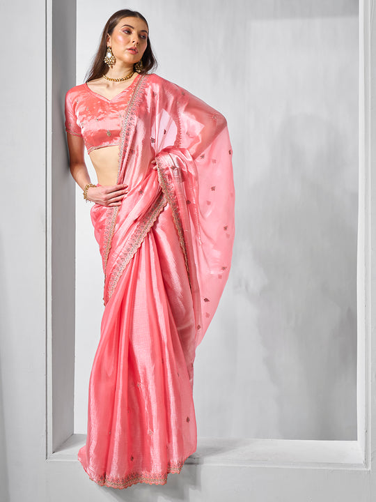 Embroidered Embellished Peach Organza Saree With Blouse Piece